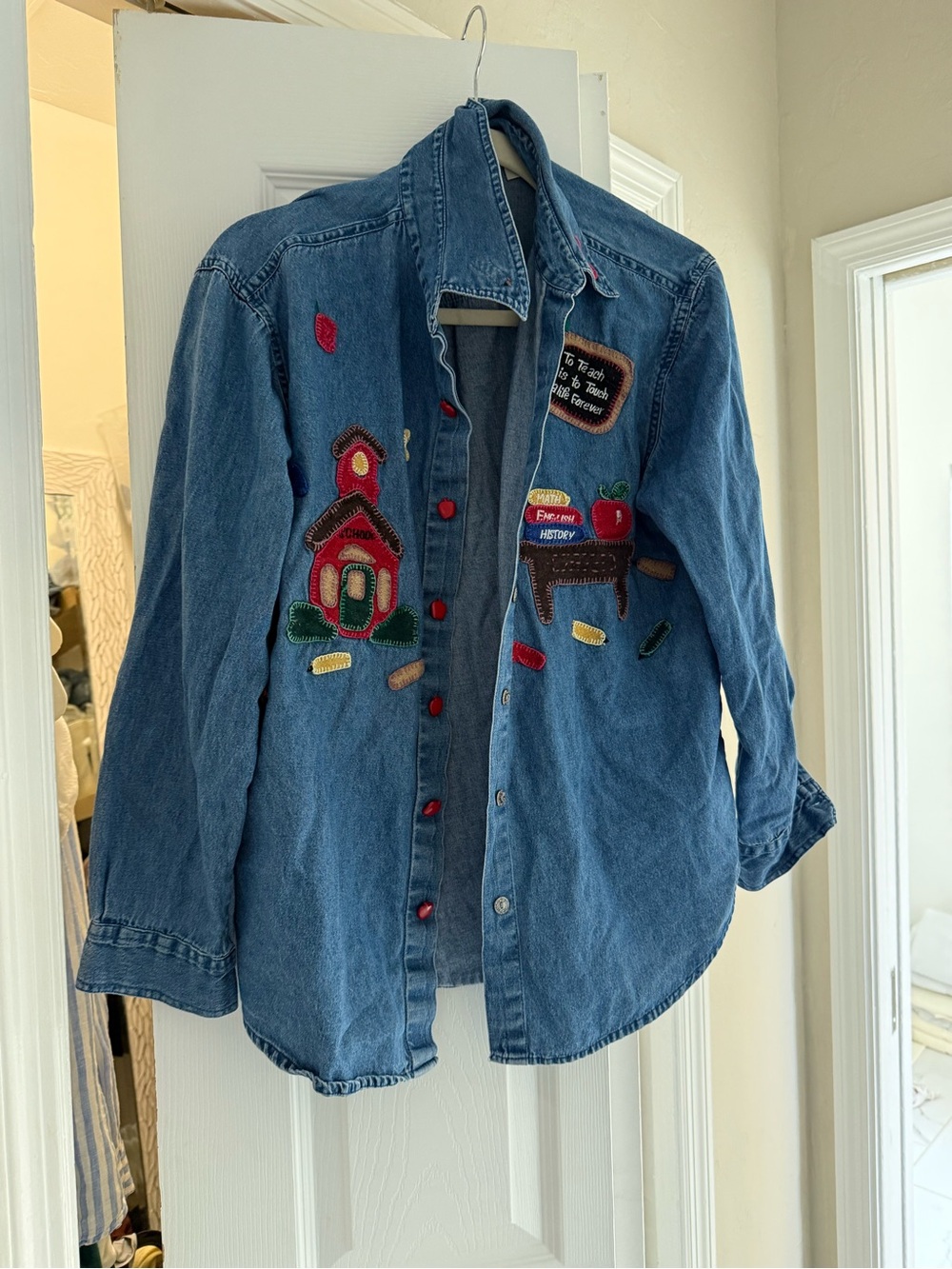 Vintage Denim Jacket with Schoolhouse Patchwork - Blue
